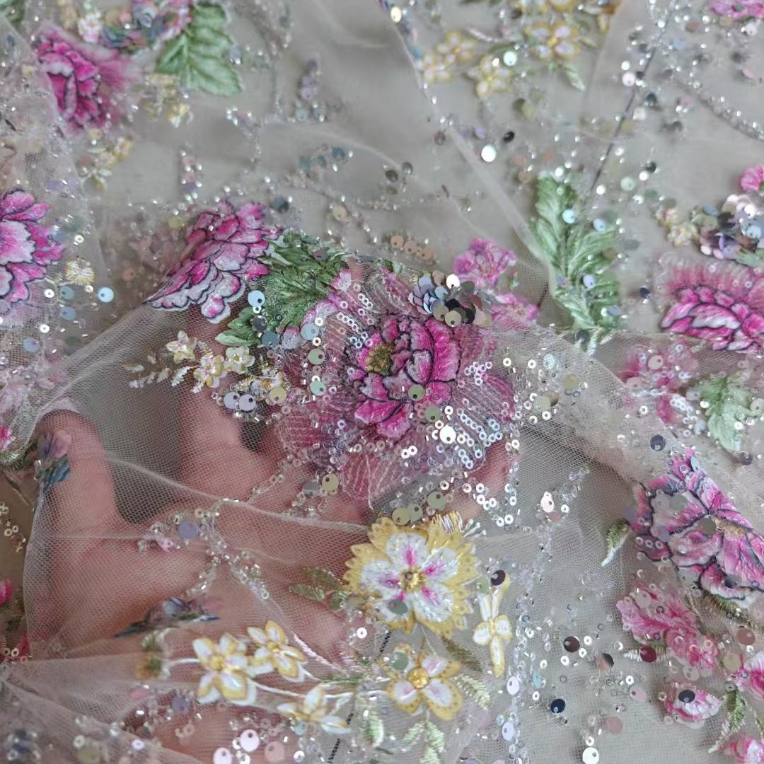 Embroidery Web - Tecido de Renda Luxuosa com Contas